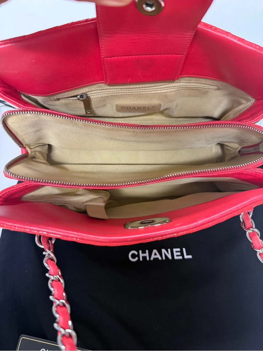 CHANEL Red Quilted Leather Shoulder Bag with Silver CC Hardware